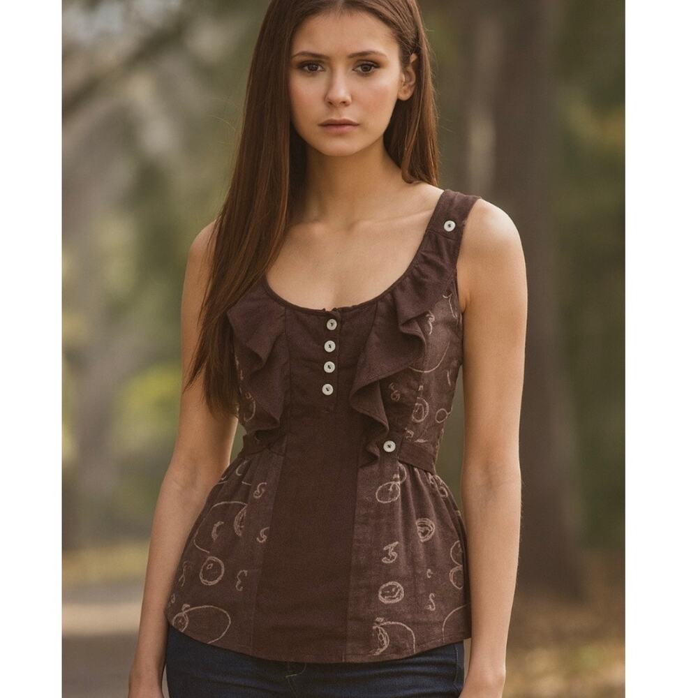 Anthropologie Little Yellow Button 2000s Brown Boho FairSleeveless Tank Top